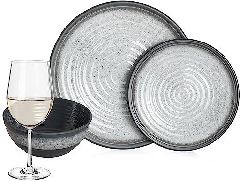 Melamin Camping Geschirr Set 4 Personen Stone Grey + 4 Timo Weiß Weingläser Tafelgeschirr Picknick BBQ Kochgeschirr