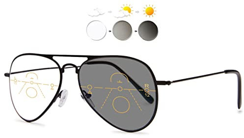KOOSUFA Selbsttönende Gleitsicht Lesebrille Gleitsichtbrille Progressive Multifokus Anti-Blaulicht Photochrome Herren Damen Pilotenbrille Metall mit UV-Schutz Sonnenlesebrille Schwarz 1.5