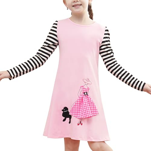 Sunny Fashion Mädchen Kleid Rosa Karikatur Dame Gehen Hund Stickerei Plaid Langarm Gr. 98,Pinke Frau,98