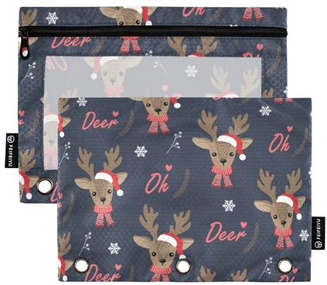 FRODOTGV Federmäppchen mit weihnachtlichen Rentieren, für 3 Ringe, Binder, Reißverschluss, transparent, 3 Löcher, 2 Stück