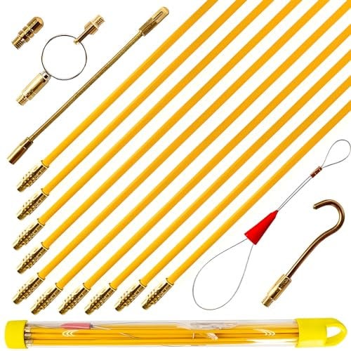 25' Fiberglass Fish Tape, Fish Tape Cable Puller Kit, Electrical Wire Puller Cable with 5 Different Attachments & Fish Tape Tool (Yellow,19 Rodsx40cm)