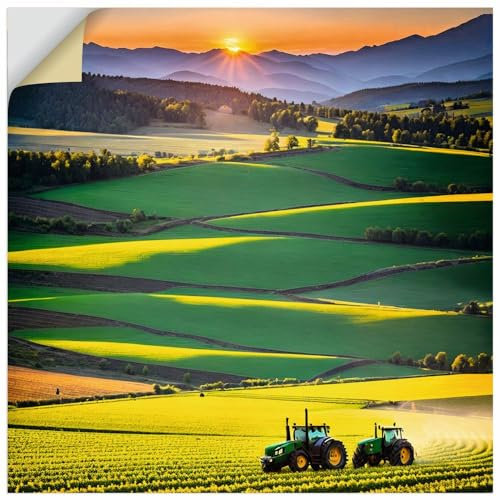 ARTland Wandbild selbstklebende Vinylfolie 70x70 cm Wandtattoo Landschaften Idyll Landwitschaft Felder Traktor Sonnenuntergang KI Kunst U4YH