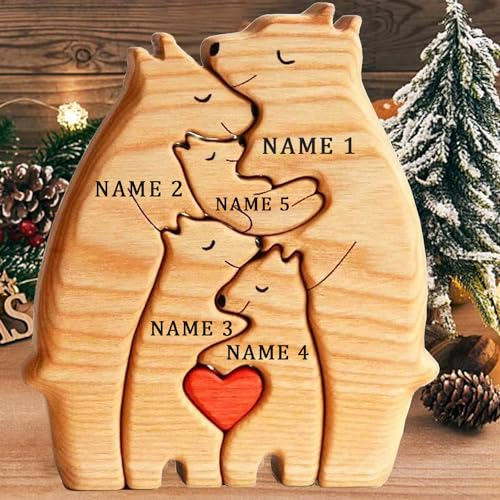 Personalisierte Bär Holzkunstpuzzle Familie Holz Puzzle mit 1-7 Namen Engarved, Holz Bär Desktop Ornament Home Dekoration, Geburtstag Jahrestag Geschenk, Geschenk für Familie