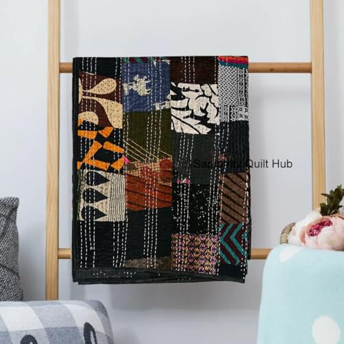 Handgefertigte Vintage-Sari-Patchwork-Kantha-Steppdecke, Vintage-Stil, dekorative Tagesdecke, Quilten, Hippie-Steppdecke, King-Size-Bett, Überwurf, Decke (schwarz, 228 x 274 cm)