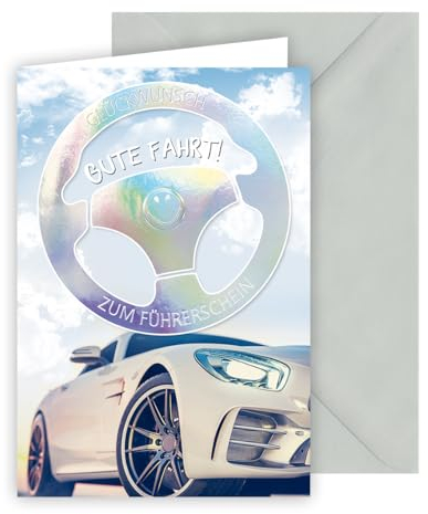 KE - Edle Glückwunschkarte zum bestandenen Führerschein, inkl. Umschlag, DIN B6 Format, Gratulationskarte für neue Fahrer, silber, Motiv: Luxusauto