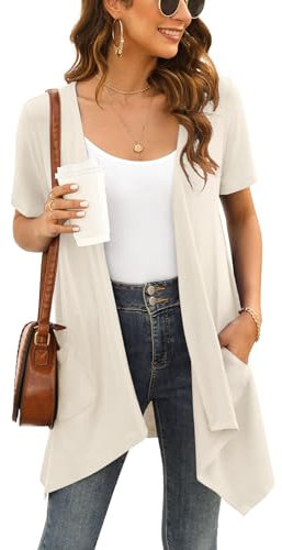 Wiwclo Plus Size Cardigan for Women Casual Soft Short Sleeve Duster Open Front Lightweight Kimono Summer Cardigans with Pocket Drape Hem,Apricot,XXL