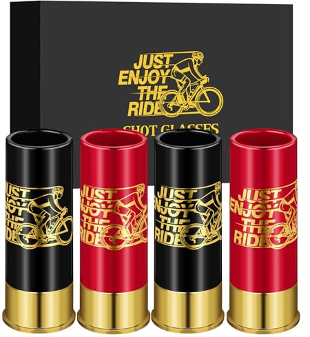 Cycling Plastic Shot Glasses, Set of 4 with Gift Box, Cycling Gifts, Triathlon Gift, Men Women Wedding Party Birthday Gifts, 12GA Small Bullet Shot Cups for Whiskey Tequila Vodka Liquor, Black&Red