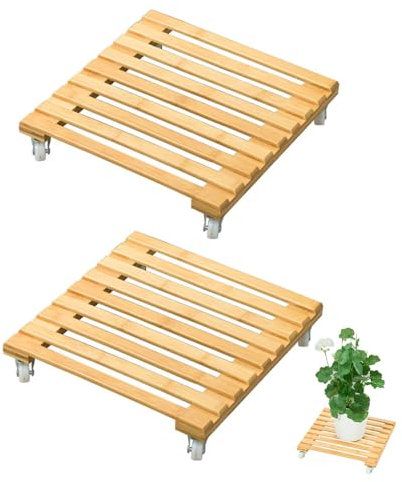 Hggzeg Paquete de 2 organizadores para plantas con ruedas, soporte para plantas de bambú, maceta móvil resistente, plataforma para plantas de jardín para interiores y exteriores, hogar, jardín