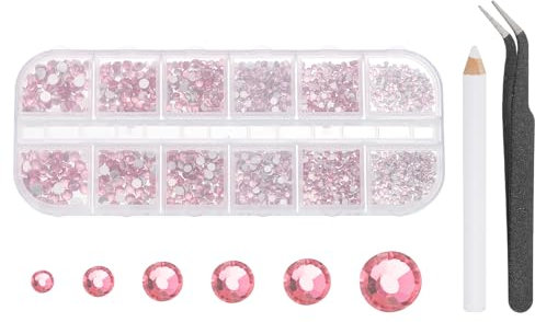 sourcing map Round Flatback Rhinestones Set, 6 Size Glass Flat-Back Crystal Diamonds with Tweezers and Picking Pen for Nail Art Makeup Crafts Fabric DIY Decoration, Light Pink