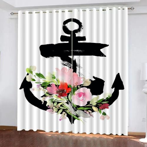 GIOVIA 3D Ozean Maritim Vorhänge Abdunkelnde mit ösen 2 Stücks Gardinen Blickdicht Verdunkelungs Anker Kälteschutz Scheibengardinen für Junge Mädchen Schlafzimmer B 280 X H 260 cm