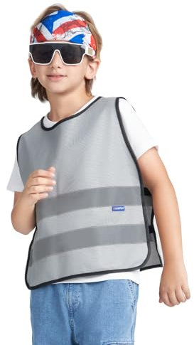 AYKRM Kinder Warnweste, 360 Grad Reflektierende Sicherheitsweste in Gelb, Universal Größe XS für Jungs Mädchen (45x40CM) - Ideal für 10-14 Jahre, Grau