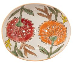 Seifenschale Summer mit Blumenmustern Rot/Orange, oval aus Keramik handbemalt mit Löchern für den Wasserablauf 13 x 11x4 cm
