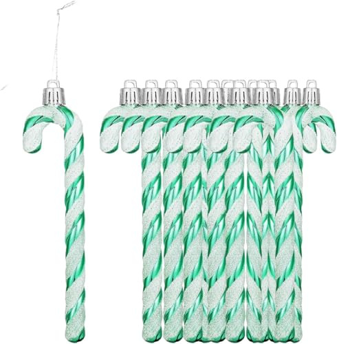 HERZWILD 12Pcs Glitter Candy Cane Christmas Tree Hanging Ornaments for Holiday Party Decoration Favor (Green)