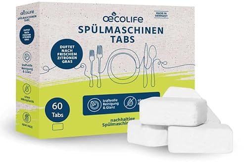 Oecolife - Pastiglie per lavastoviglie, 60 pastiglie sostenibili, completamente solubili in acqua, biodegradabili, piatti radianti, scioglie il grasso in modo efficace, vegano