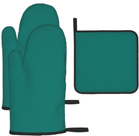 YYHWHJDE Set di 3 guanti da forno e presine per isolamento termico antiscottatura, stampe verde scuro