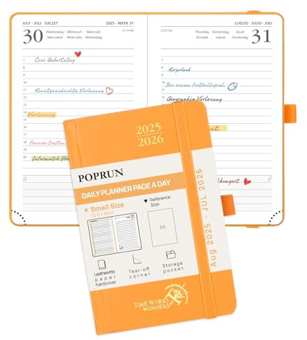 POPRUN Tagesplaner 2025 2026 Hardcover 16 x 10,5 cm, Tageskalender A6 1 Tag 1 Seite (Montag - Sonntag), Terminplaner (Aug.2025-Jul.2026) mit Stiftschlaufe - Orange