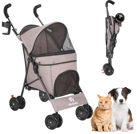 3-in-1-Haustier-Kinderwagen für kleine Hunde und Katzen, faltbarer Haustier-Kinderwagen mit verstellbarem Griff, 4 Räder, atmungsaktives Netzgewebe, großes Fassungsvermögen (Kaffee)