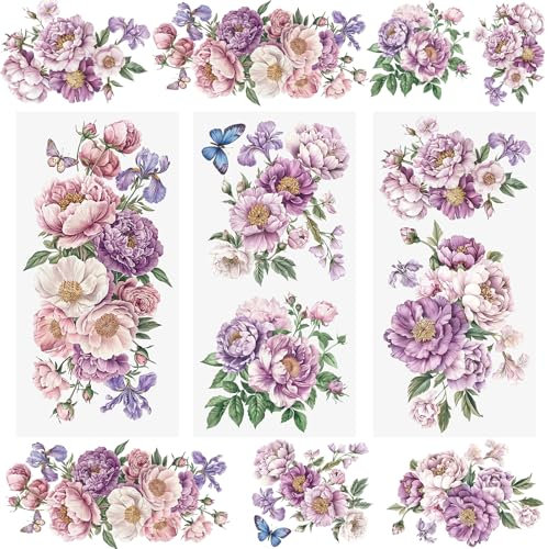 WANDIC 3 Bogen Rub on Transfer Stickers, Violette Blumen Aufkleber Wand mit Romantisch Muster, Wasserdicht, Handarbeiten, Möbel, DIY Kunsthandwerk, Dekorieren für Fotoalbum und Scrapbook, 15 x 30 cm