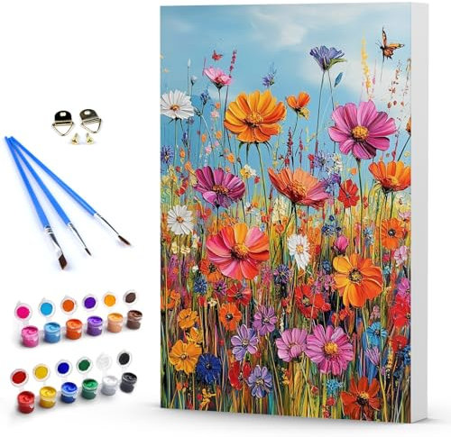 DAERLE Peinture par Numéros pour Adulte avec Cadre En Bois, Fleur, DIY Kit de Peinture Acrylique pour Adultes débutants, Peinture Numéros pour la Décoration de la Maison 30x40 cm, Fleurs dans un champ