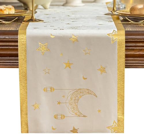 Ramadan Deko Tischläufer aus Samt,Ramadan Dekoration Tischdecke für Islam Deko Ramazan Party Tisch Eid Mubarak Dekoration,Happy Ramadan Mubarak Tischdekorationen Umrah Mubarak Deko (Weiß Gold)