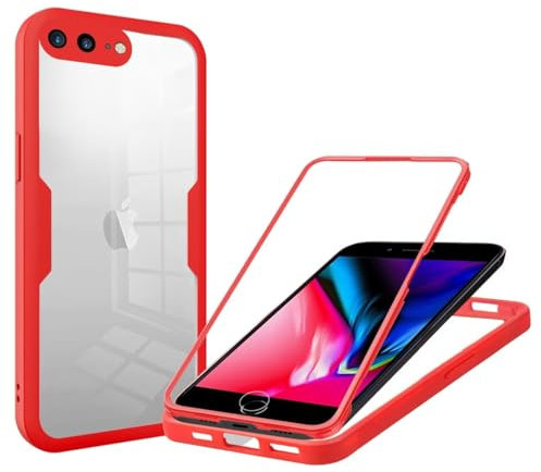 SLWYF Kompatibel mit iPhone 7 Plus/iPhone 8 Plus Hülle Eingebauter displayschutz 360 Grad Rundumschutz Handyhülle, Stoßfest TPU Bumper Schutzhülle Robuste Durchsichtige Kratzfest Case, Rot