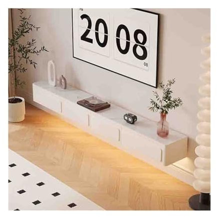 Floating TV Unit Floating TV Stand Cream White Wall Mounted Floating Entertainment Center for Under TVs, Modern TV Stand with LED Light for Home Living Room Wall Mounted TV Cabinet(203.6x30x21.6cm)