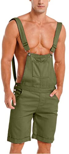 Tuta corta in denim da uomo, casual, pantaloni da lavoro con spalline regolabili, stile vintage, salopette, con tasche multiple, estive, tinta unita, corta, verde militare, L
