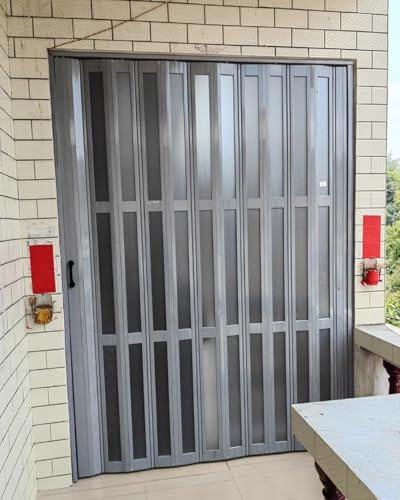 Concertina Door Grey PVC Folding Doors Internal, Custom Size Sliding Kitchen Doorway Closet Accordion Door with Acrylic Window & Handle, 24x80 30x80 32x80 48x80 60x80 Inch(25x40in(63.5x101cm))