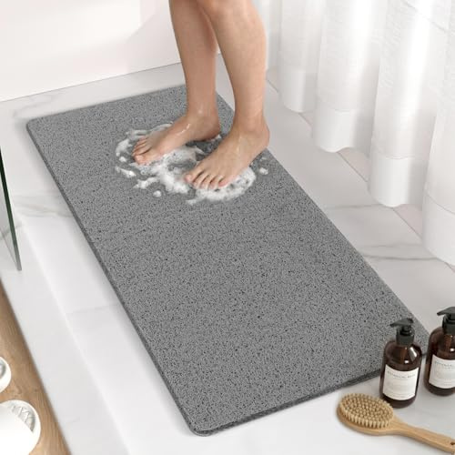 HITSLAM Alfombra Ducha Antideslizante, 88 x 40cm Largo Alfombra de Bañera Antideslizante, Loofah de PVC Suave Alfombra Baño, Sin Ventosa Alfombrilla Bañera, Secado Rápido y Resistentes al Moho, Gris
