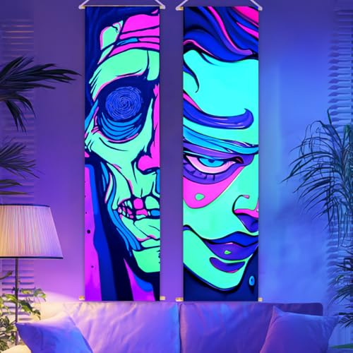 CRAFTYMELODY 2 Packung Schwarzlicht Halloween Wandteppich Im Dunkeln Leuchtend Horrorgesicht Wandteppich UV Reaktiv Wandbehang 12.915.1 x (7)(6) cm Mit Seil