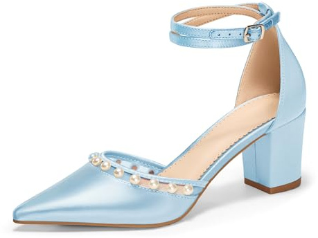 Coutgo Womens Pearl Chunky Heels Wedding Shoes for Bride Closed Pointed Toe Ankle Strap Satin Pumps, Sky Blue, Size 9