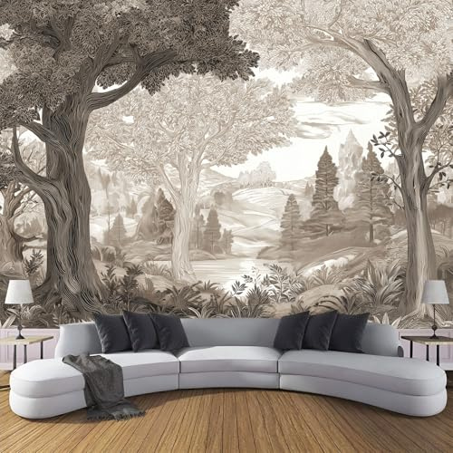 Fototapete 3D Effekt Dekoration, Urwald 200 x 140 cm Seidentuch Tapete Wandtapeten, handgezeichnete Linien Wandbilder Fototapete Moderne Panorama Wanddeko