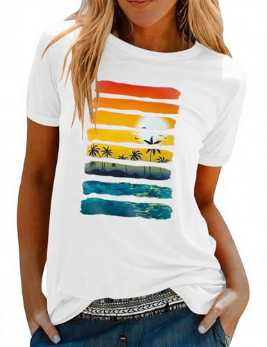 PASUDA Women T-Shirt Tops for Ladies Coconut Tree Graphic T Shirt Cotton Crew Neck Short Sleeve Shirts Casual Loose Blouse Printed Tee Summer Tops (White Sunset Stripes, M)