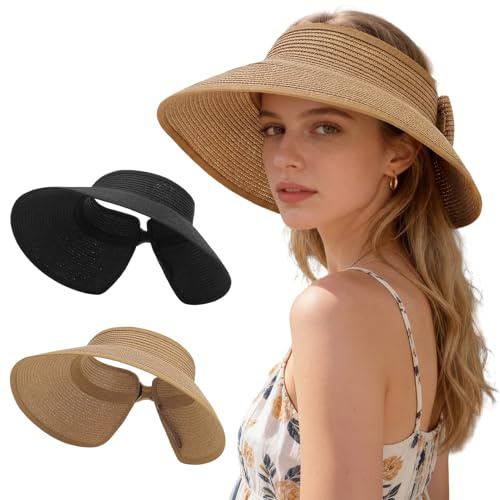 Utensilsto 2 Paar Sonnenhut Pferdeschwanz für Frauen,UV-Schutz breiter Sonnenhut,Roll Up Packbar für den Sommerurlaub (Schwarz,Khaki)