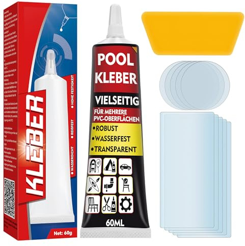 HuakChai Pool Reparaturset mit 60 ml PVC Transparentem Kleber, 10 Flicken und Spatel – Wasserdichtes Flickzeug für Poolfolie, Luftmatratze, Schlauchboot, Schwimmring und aufblasbare PVC-Artikel
