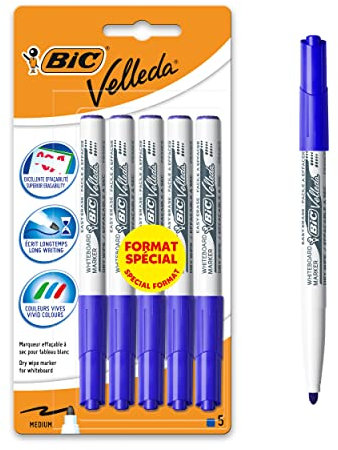 BIC Velleda 1741 Filzstifte für Whiteboards, trocken abwischbar, mittlere konische Spitze, Blau, 5 Stück