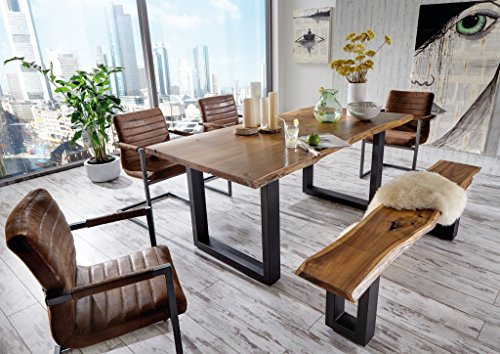 SAM® 6 TLG. Essgruppe Quentin, je 1x Baumkantentisch 140x80cm & -Bank 140x40 cm, Akazie-Holz, 4X Schwingstuhl Parzivo in Wildleder-Optik