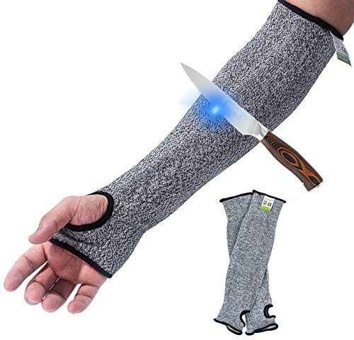 Cut Resistant Knit Sleeves Level 5 Protection, Slash Resistant Safety Protective Arm Sleeves with Thumb Slot Helps Prevent Scrapes Scratches Skin Irritations, UV-Protection, Grey, 1 pair(2 pieces)