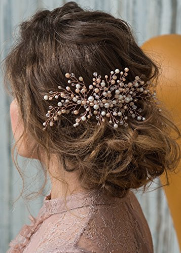 Kercisbeauty Wedding Bridal Pink Champagne Beads Rose Gold Hair Comb Slide Headband Bun Hair Accessory for Prom(Rose Gold)