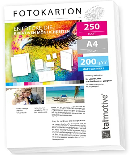TATMOTIVE FA4200M250 Fotokarton Fotopapier 200g matt weiß/Laserdrucker/DIN A4 / Beidseitig bedruckbar / 250 Blatt