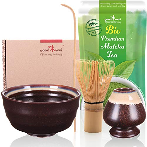 Goodwei Matcha Set mit Matcha Besen, Matcha Schale, Besenhalter aus Keramik und BIO Matcha Tee aus Japan | Geschenkset (Kumo)