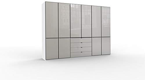 WIEMANN Montreal Kleiderschrank, Schlafzimmerschrank, Drehtürenschrank, mit Schubladen, Breite 300 cm, 6 türig, weiß, Glas Kieselgrau, Griffe schwarz, B/H/T 300x216x58 cm