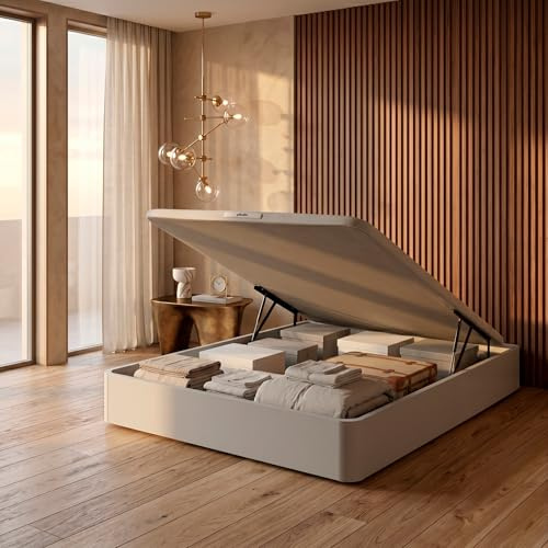 PIKOLIN Canapé Abatible de Madera con Gran Capacidad | Montaje y Retirada Usado Incluido | Esquinas Delanteras Redondeadas | 150x190 | Color Blanco | 32 cm Altura | AIRBOX