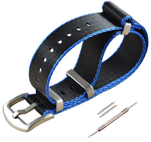 MZBUTIQ 20mm Schwarz/Blauer Rand Uhrenarmband Sicherheitsgurt Nylon Watch Armband für Herren Damen Gebürstete Schnalle