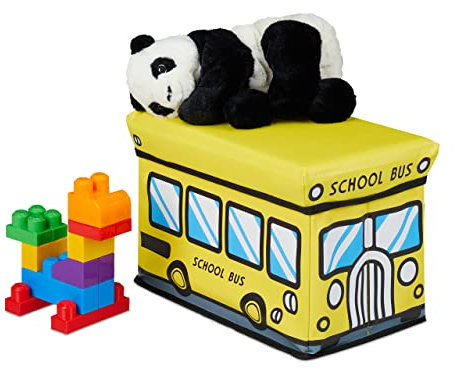 Relaxdays Spielzeugkiste faltbar, Schulbus, Aufbewahrungsbox m. Stauraum & Deckel, gepolstert, HBT 27 x 40 x 25 cm, gelb
