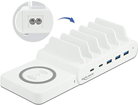 Delock 6 in 1 USB-Ladestation mit Wireless Charger, Bis zu 6 Geräte gleichzeitig Laden, Für Laptops, Smartphones und Tablets, (2 x USB-C PD + 3 x USB A) mit 110 W, 41450