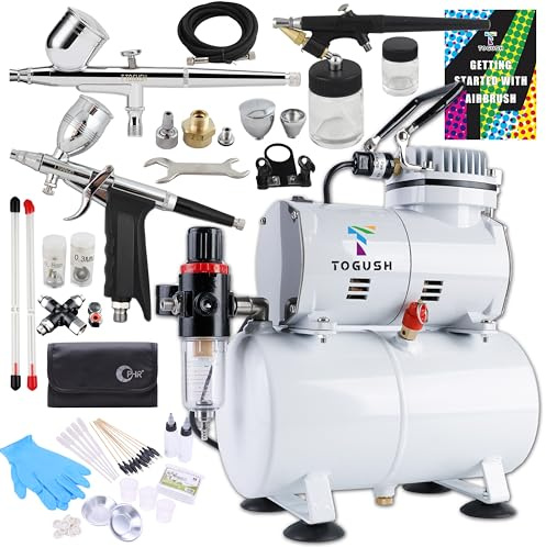 T TOGUSH Compressore d'aria professionale con serbatoio d'aria con 3 aerografi per hobby tatuaggio temporaneo decorazione torta