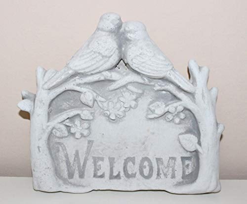 Beton Deko Figur Welcome Schild mit Vögel und Blumen H 18 cm Dekofigur für den Eingangsbereich