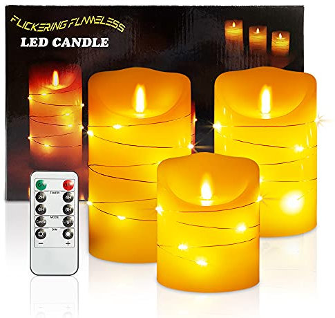 3er Warmweiß Led Kerzen mit Timerfunktion,Led Kerzen Flackernde Flamme,Echtes Wachs Led Teelichter set(4 5 6),Led Teelichter mit eingebetteter Lichterkette und 10 Tasten Fernbedienung