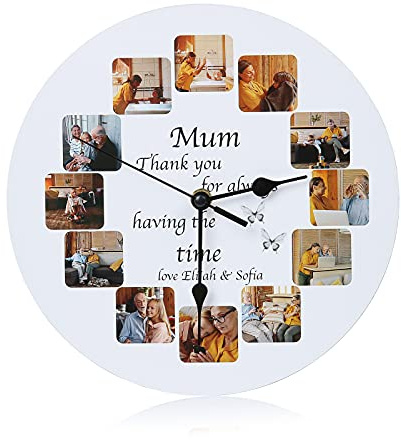 Jeweidea Personalisierte Fotos Wanduhren Individueller Text Runde Wanduhren mit 12/13 Fotos Geschenk für Mutter Vater Beste Freunde Familie Paare Zuhause Dekorativ Geburtstag Jubiläum (12 Foto)
